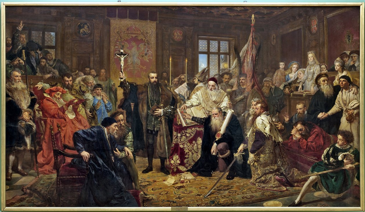 "La Unión de Lublin": tratado político firmado el 1 de julio de 1569 en Lublin (Polonia), que unió el Reino de Polonia y el Gran Ducado de Lituania en un solo Estado, la República de las Dos Naciones, dirigido por una monarquía electiva de Jan Alojzy Matejko