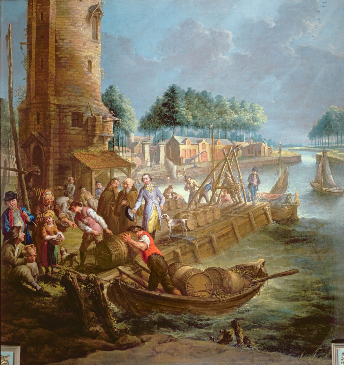 Escena de canal con comerciante de vino descargando barriles de Jan Anton Garemyn
