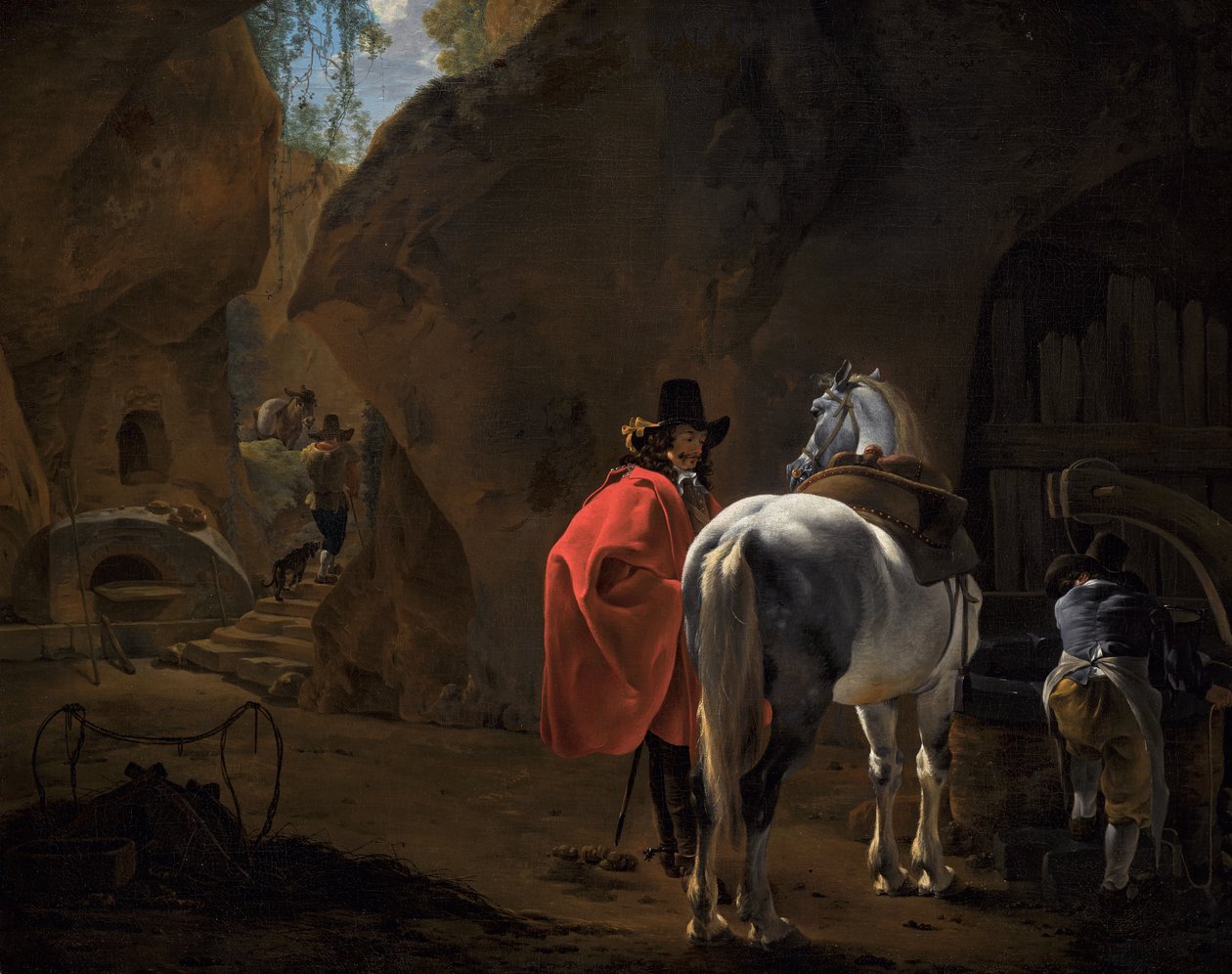 Un caballero con un caballo gris en un paisaje cavernoso de Jan Asselijn