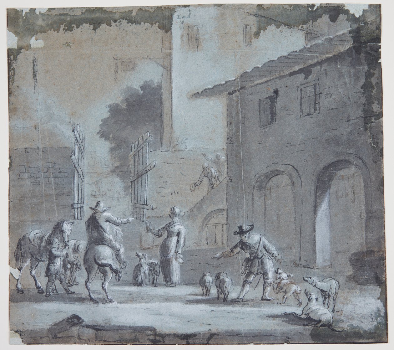 Escena urbana con una puerta abierta, figuras y animales de Jan Asselijn