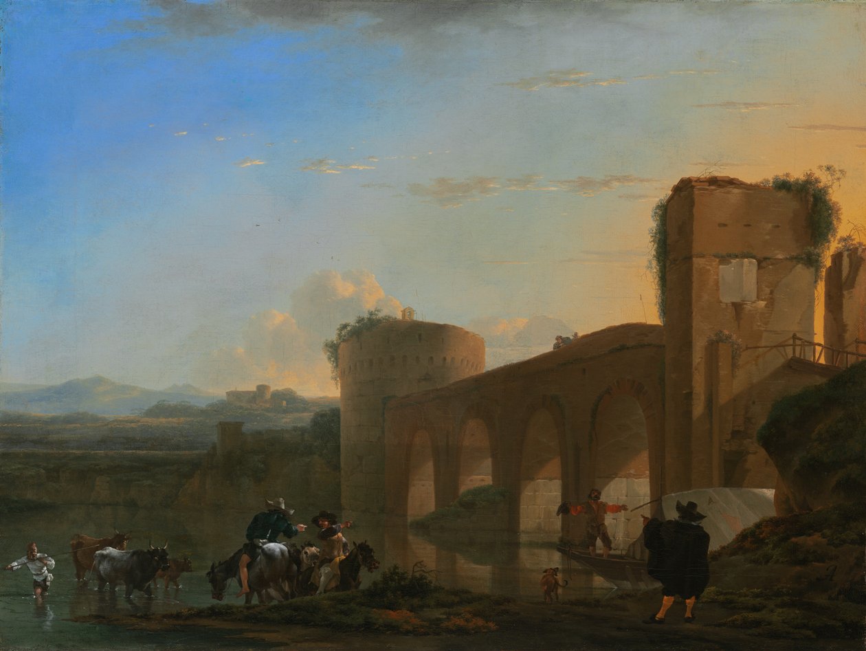 El río Tíber con el Ponte Molle al atardecer de Jan Asselijn