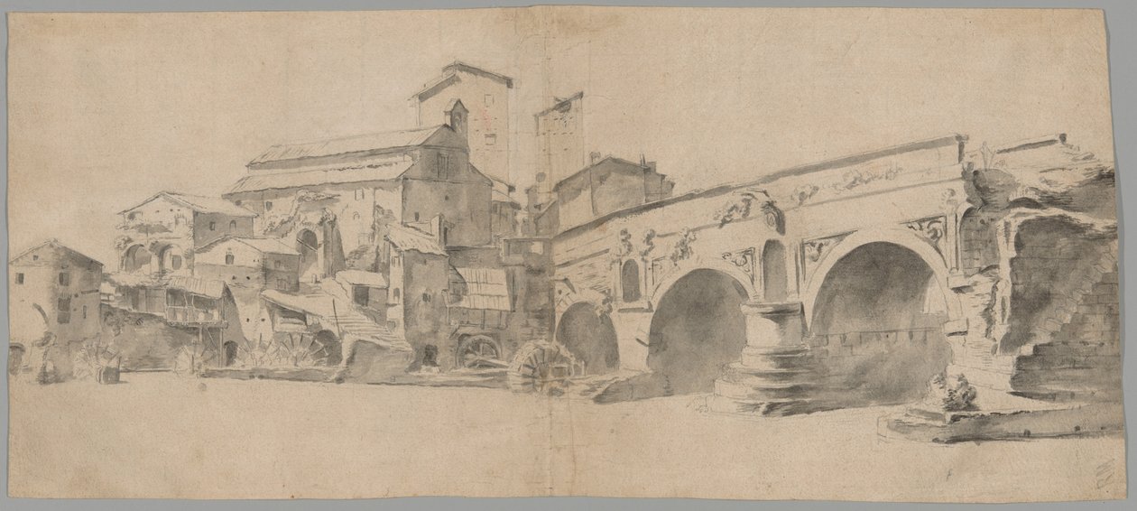 Vista del Ponte Rotto, Roma, con molinos de agua de Jan Asselijn