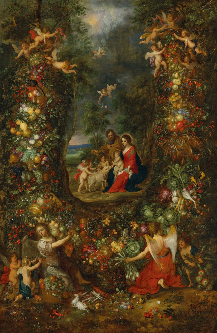 La Sagrada Familia rodeada de una guirnalda de frutas sostenida por putti (óleo sobre tabla) de Jan & Balen Hendrik van (1575-1632) Brueghel
