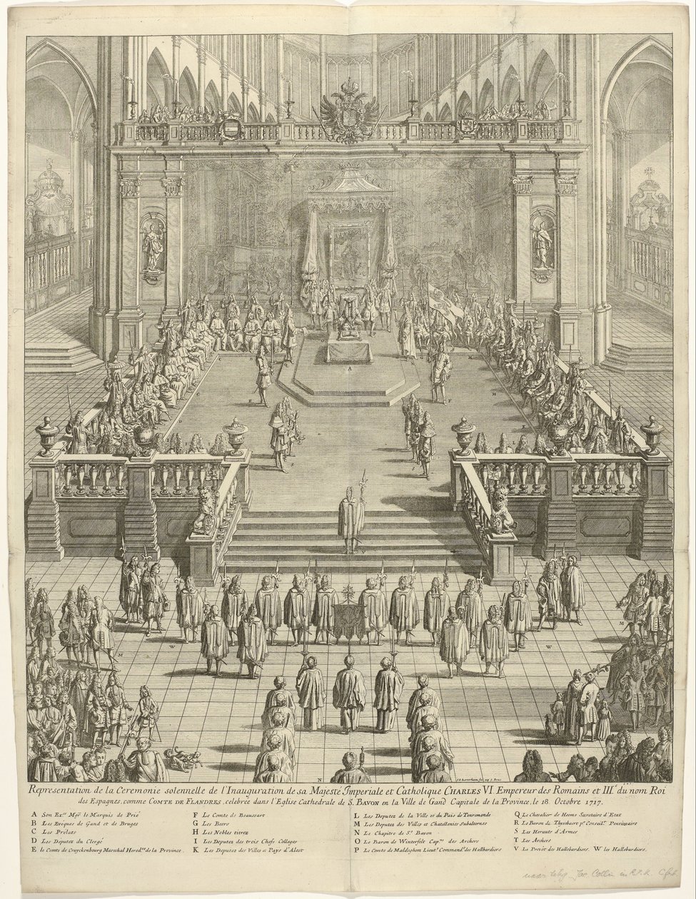 Inhuldiging van keizer Karel VI als graaf van Vlaanderen te Gent, 1717 Representación de la ceremonia solemne de la Toma de Posesión de Su Majestad Imperial y Católica Carlos VI. Emperador de los romanos y tercero del nombre Rey de España, como Conde de Fl de Jan Baptist Berterham