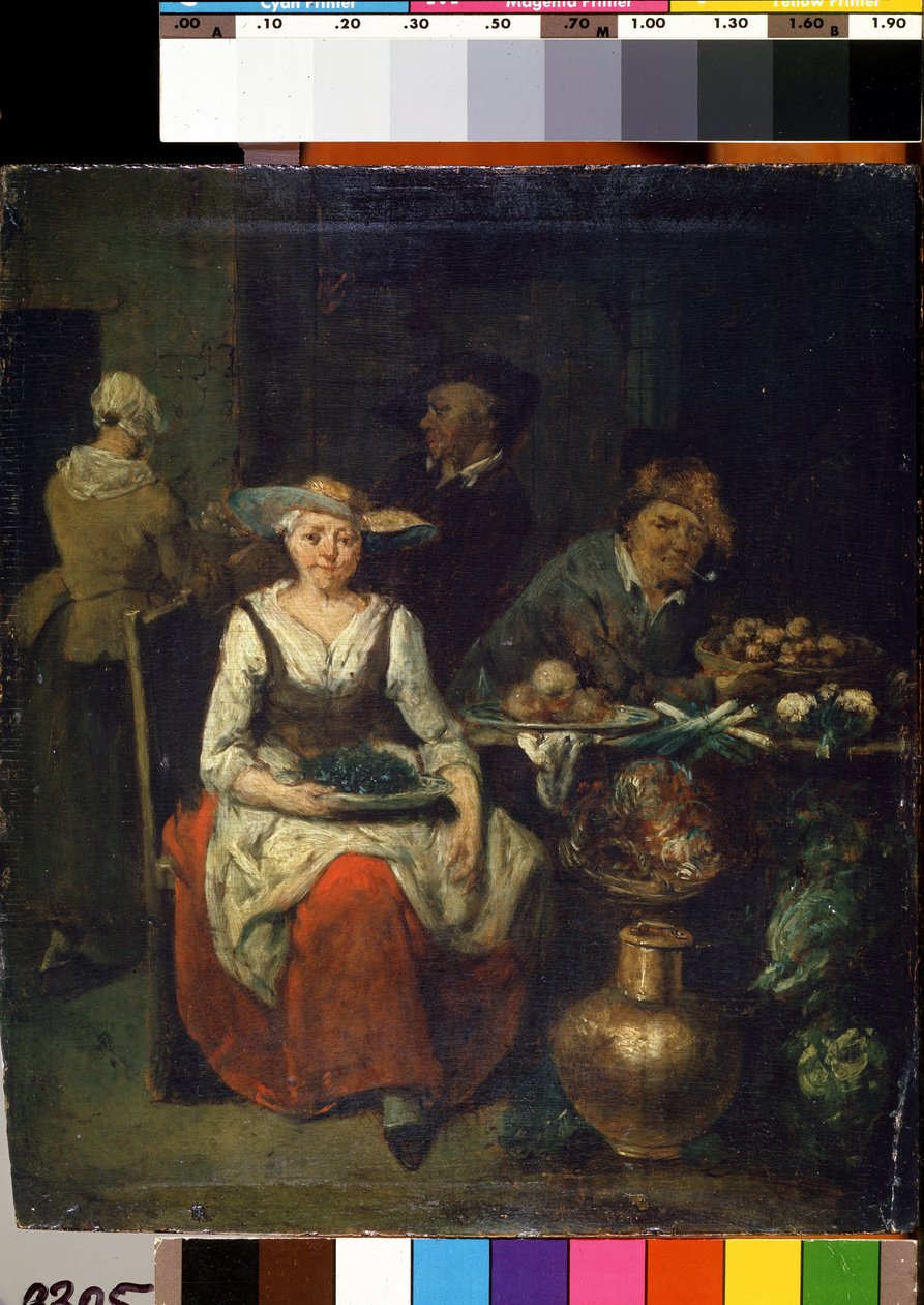 En el comerciante de frutas y verduras (En una frutería). Pintura de Jan Baptist Lambrechts (1680-1731). arte flamenco. Óleo sobre madera. Museo Estatal de Arte M. Ciurlionis, Kaunas de Jan Baptist Lambrechts