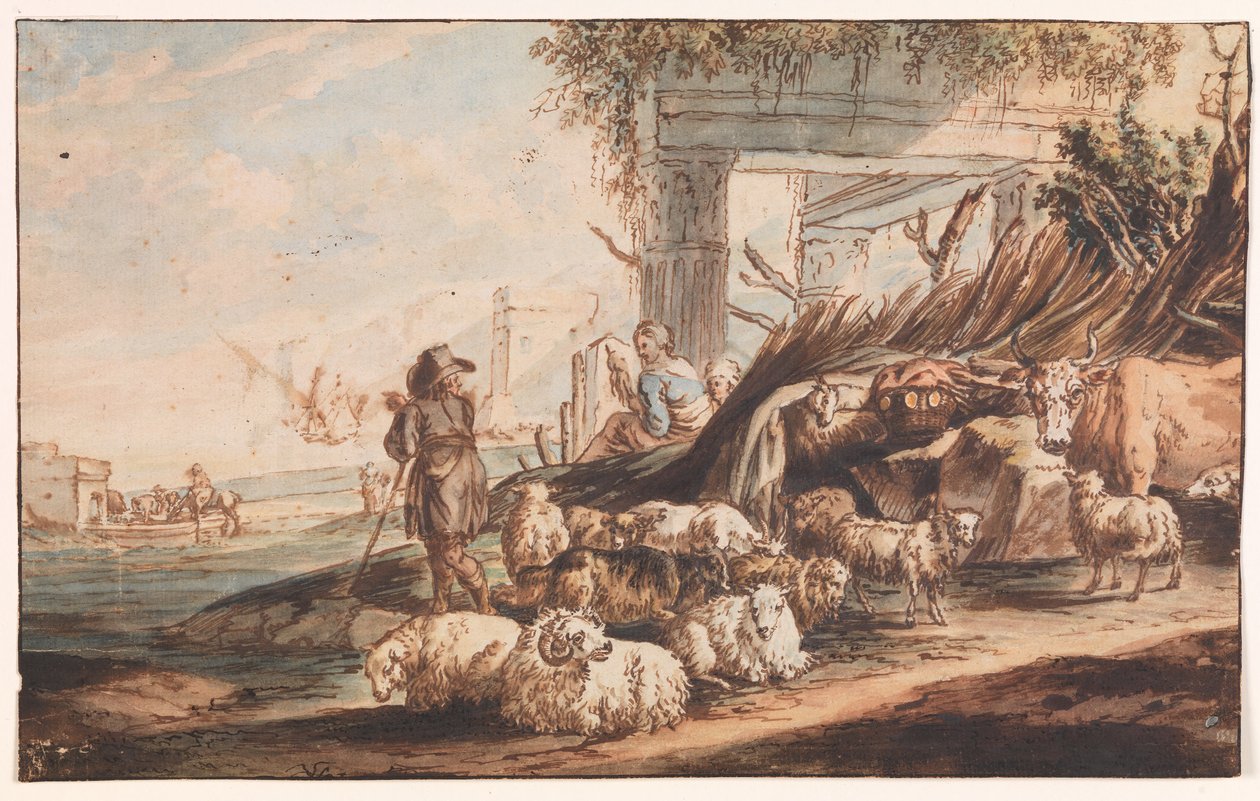 Pastor con un rebaño de ovejas y una vaca entre ruinas de Jan Baptist Weenix
