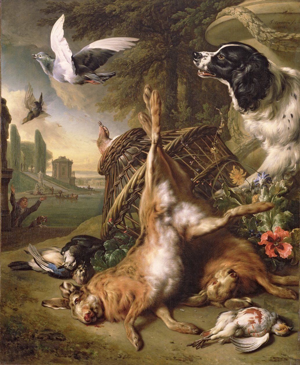 Naturaleza Muerta con Caza Muerta y Liebres de Jan Baptist Weenix