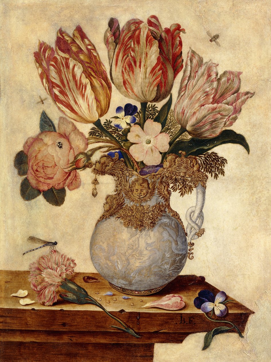 Tulipanes, nomeolvides, peonías y otras flores en un jarrón sobre una repisa de Jan Baptist van Fornenburgh