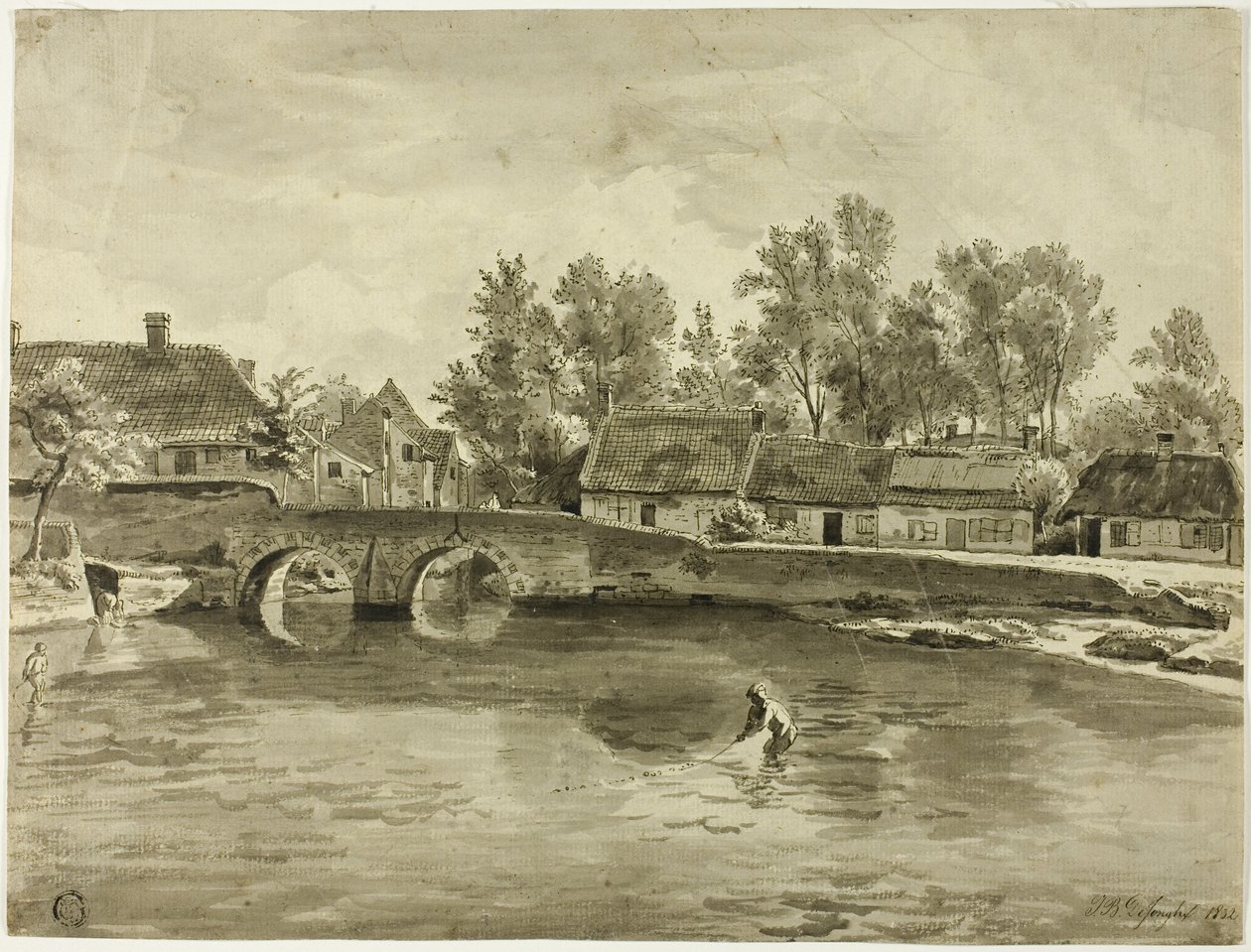 Hombre pescando en el río cerca del pueblo de Jan Baptiste de Jonghe