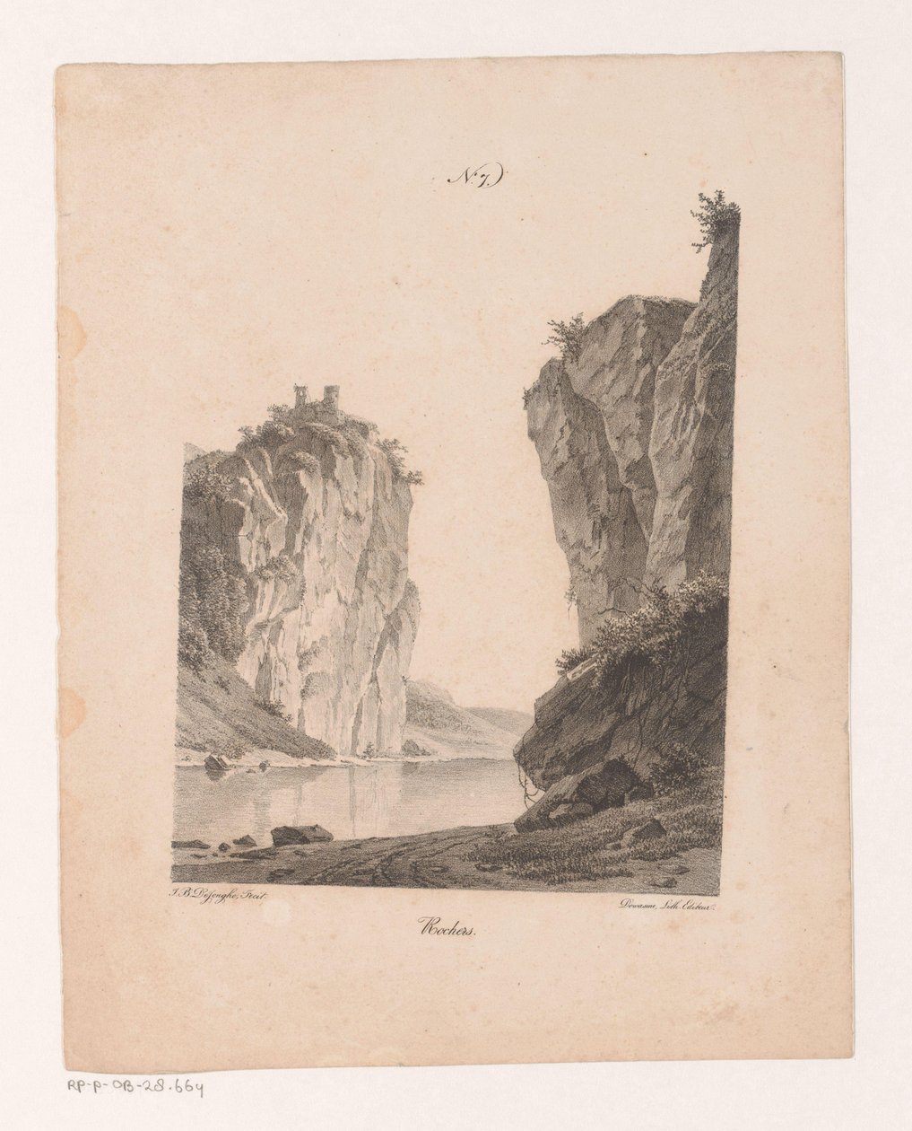 Rotsen langs het agua Rocas (título en el objeto) Principios de los paisajes extraídos de la naturaleza y ejecutados en piedra (título de la serie) de Jan Baptiste de Jonghe