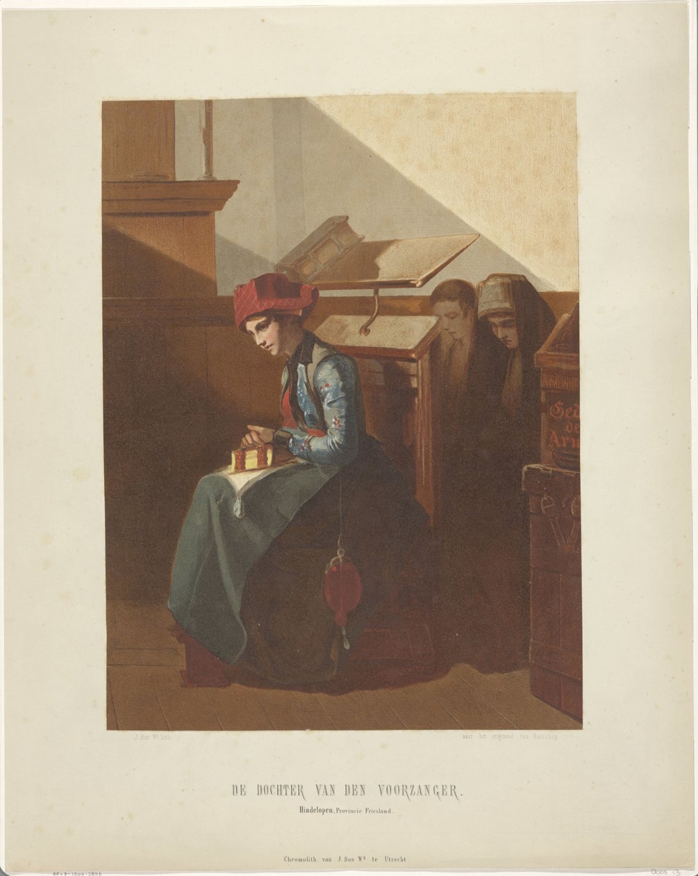 Hindeloopen mujer en el interior de la iglesia The Cantor