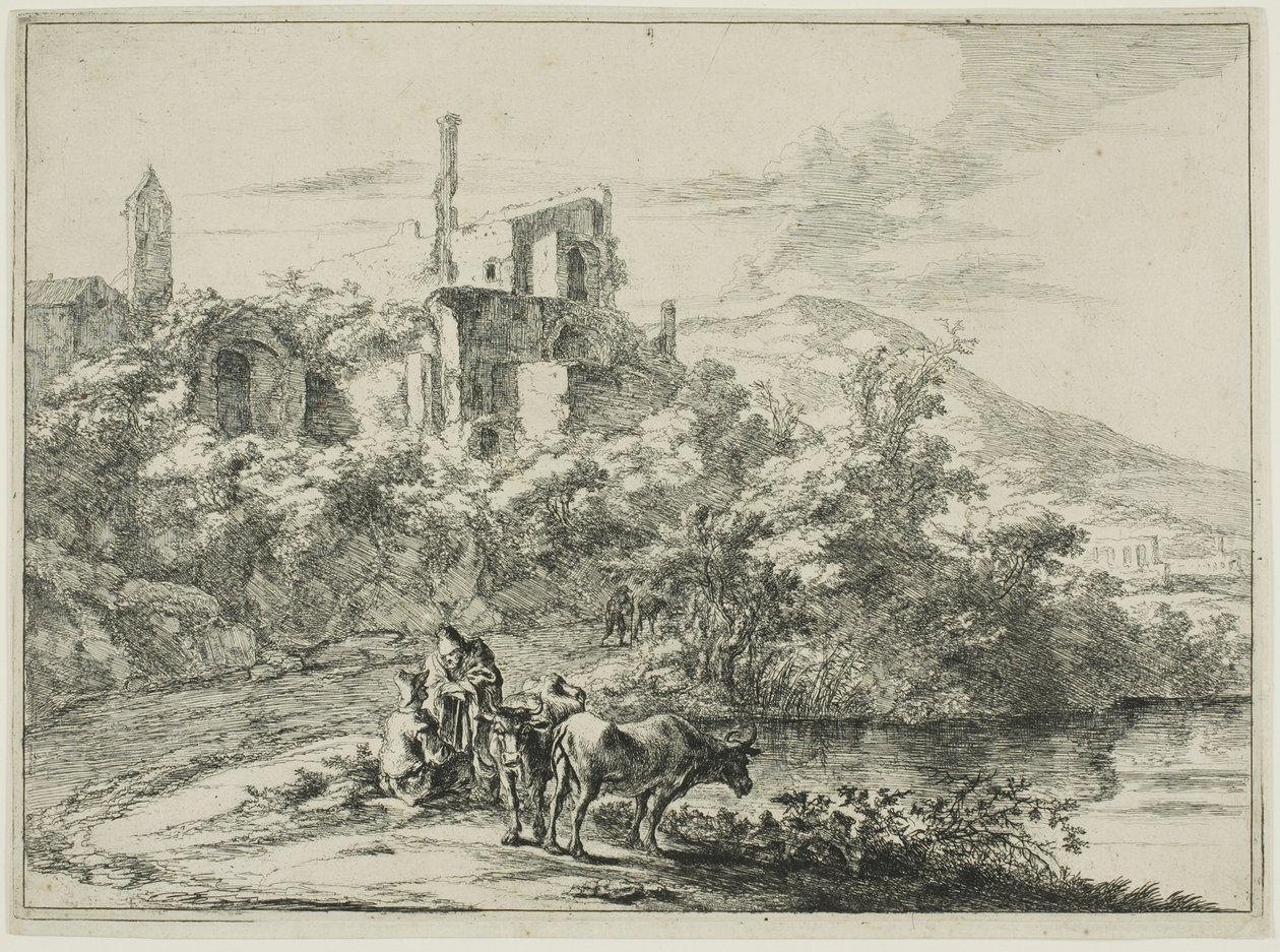 Paisaje con ruinas y dos vacas junto al agua, de una serie de cuatro paisajes romanos horizontales de Jan Both