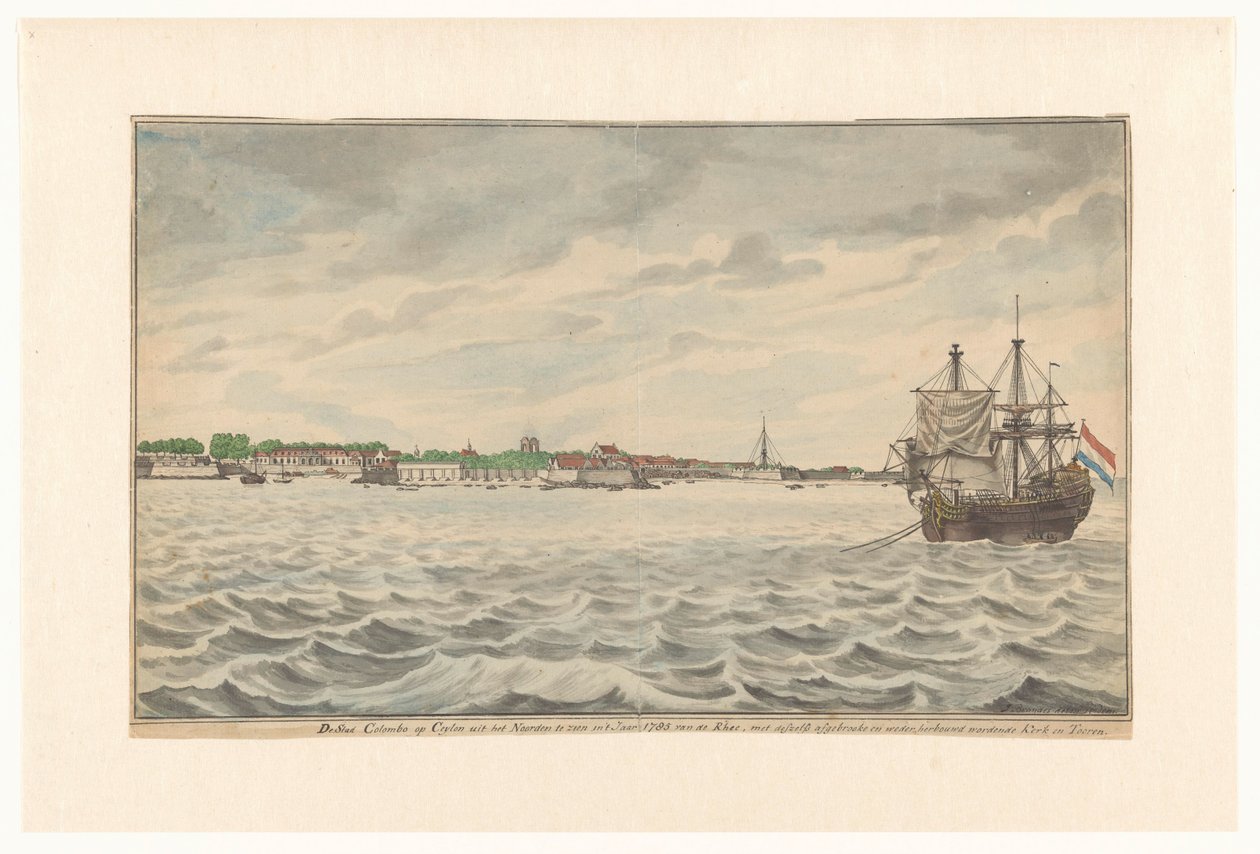La ciudad de Colombo en Ceilán vista desde el norte en el año 1785 desde los caminos, con su iglesia y torre demolidas, que estaban siendo reconstruidas. (título en el objeto) de Jan Brandes (signed by artist)