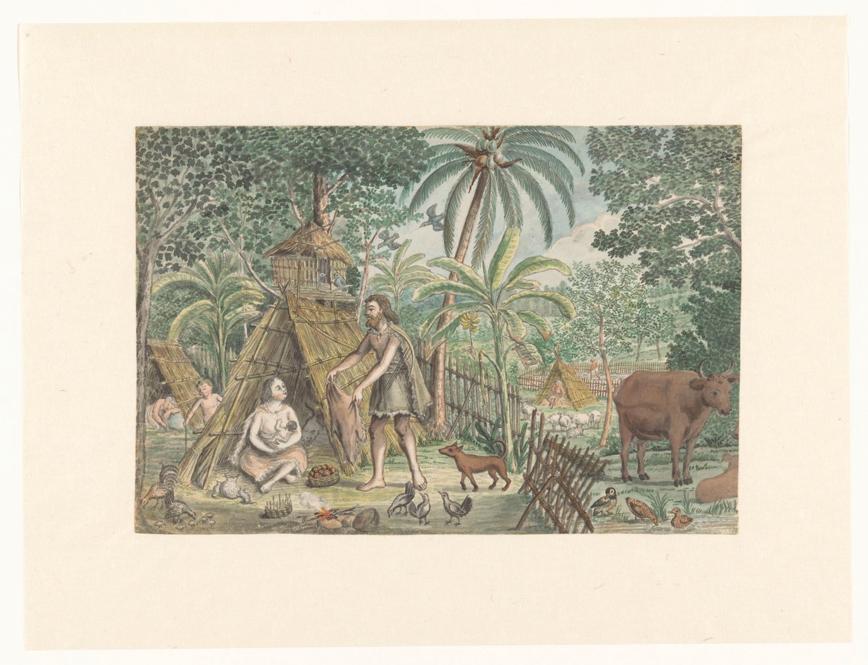 Adán y Eva en una escena de pueblo utópico de Jan Brandes