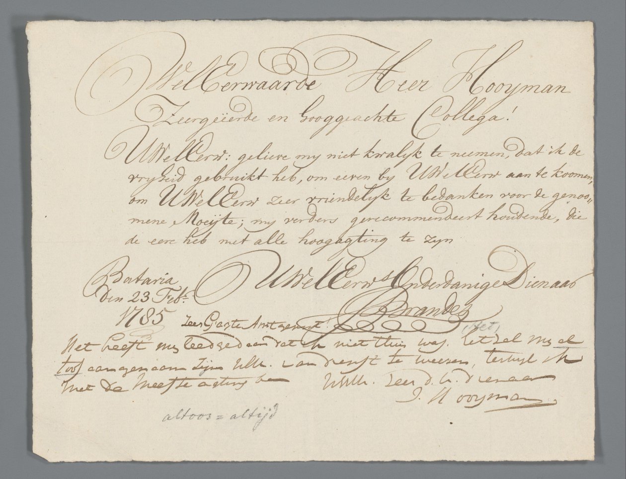 Carta de Jan Brandes al reverendo Hooyman de Jan Brandes