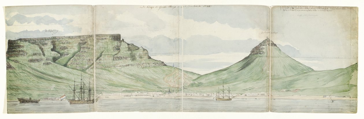 Montaña de la Mesa y Ciudad del Cabo vistas desde el mar El Cabo de Buena Esperanza como apareció Ao. 1787 (título sobre el objeto) de Jan Brandes