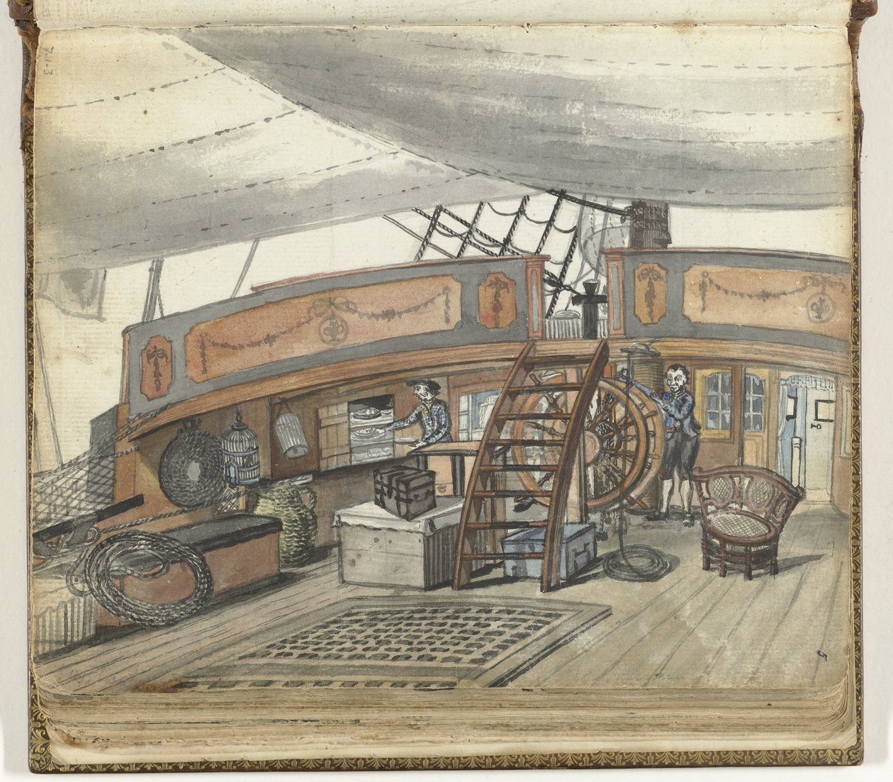 Vista de la cubierta de un East Indiaman con timonel al timón de Jan Brandes