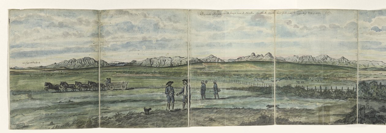 Panorama de la Holanda hotentote Kaapsche Bergen desde el Cabo hacia el norte que se extiende desde Baay fals hasta Tygerberg. 1787 (título sobre el objeto) de Jan Brandes