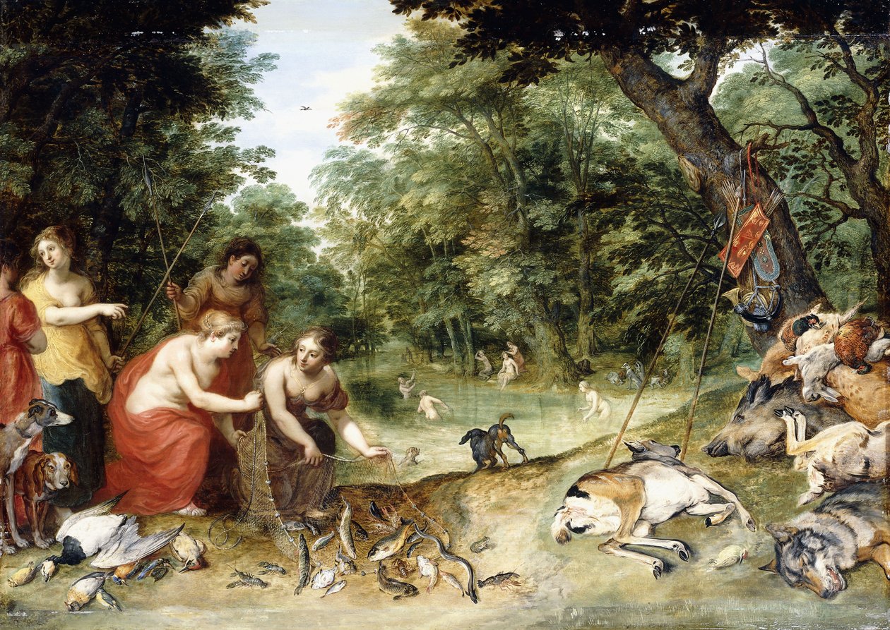 Una alegoría de los elementos, Tierra, Aire y Agua: Ninfas bañándose en un claro boscoso con trofeos de la caza cerca, c.1621 de Jan Brueghel the Elder