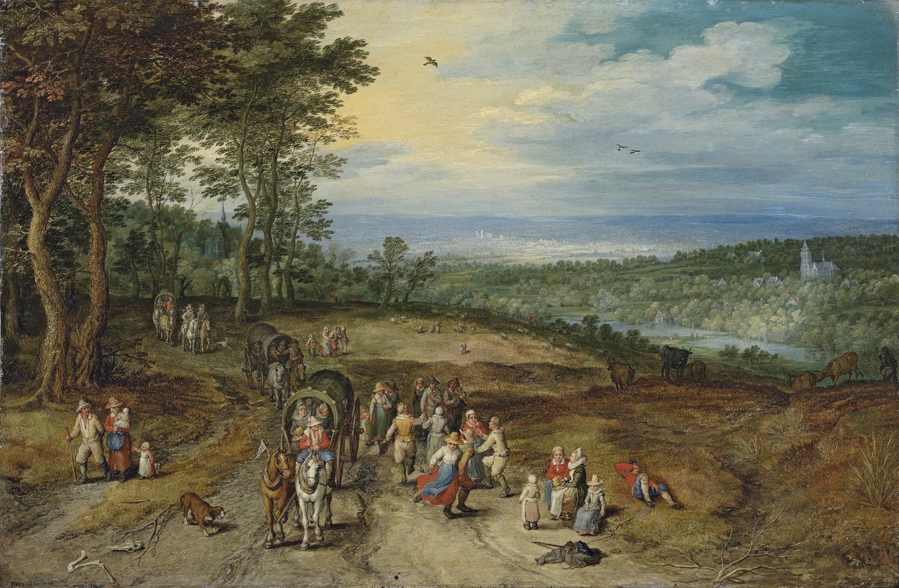 Un extenso paisaje boscoso con viajeros en una pista y campesinos bailando en primer plano / Landscape with Travellers and Peasants on a Track de Jan Brueghel the Elder