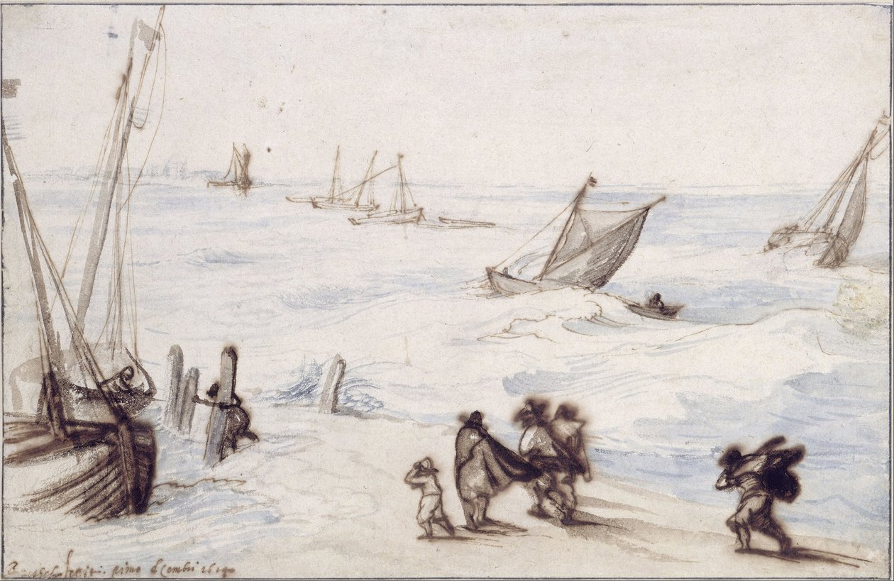 Playa con veleros y mar tormentoso de Jan Brueghel the Elder