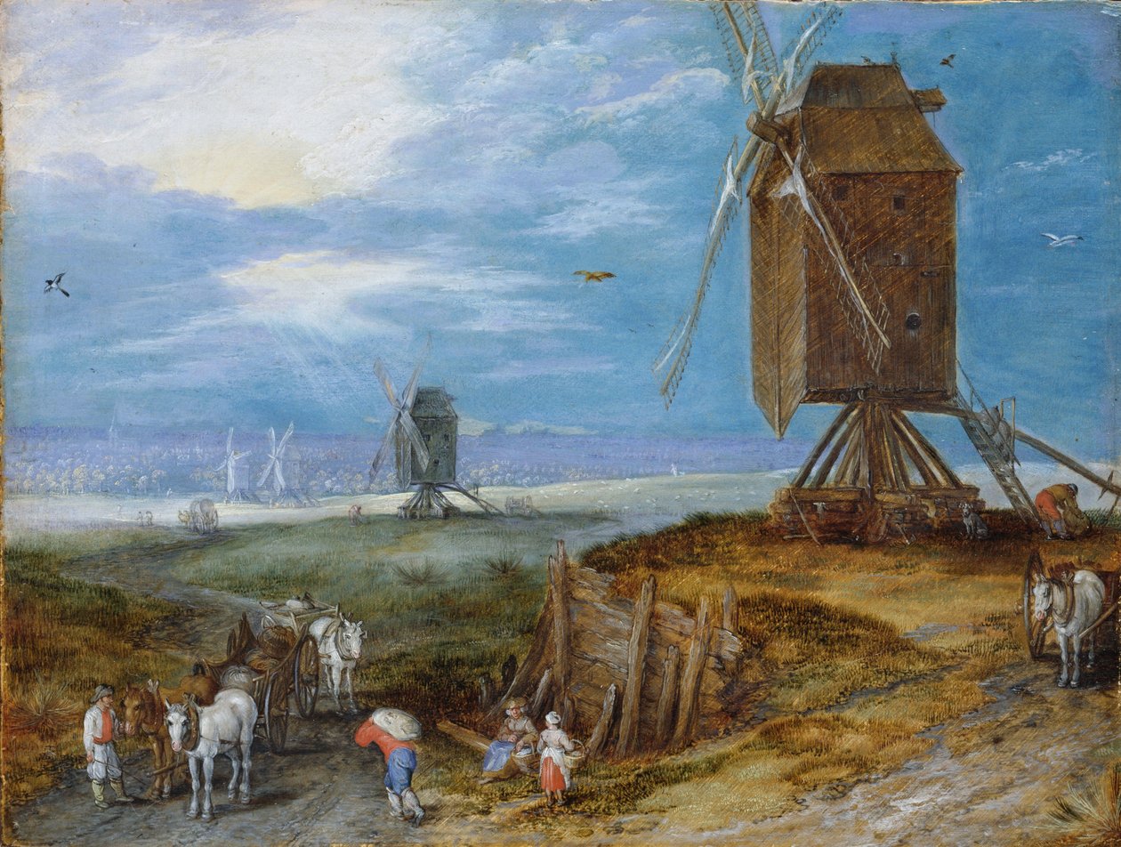 Holandés: Extenso paisaje con molinos, campesinos y carruajes en primer plano Extenso paisaje con molinos, campesinos y carruajes en primer plano de Jan Brueghel the Elder