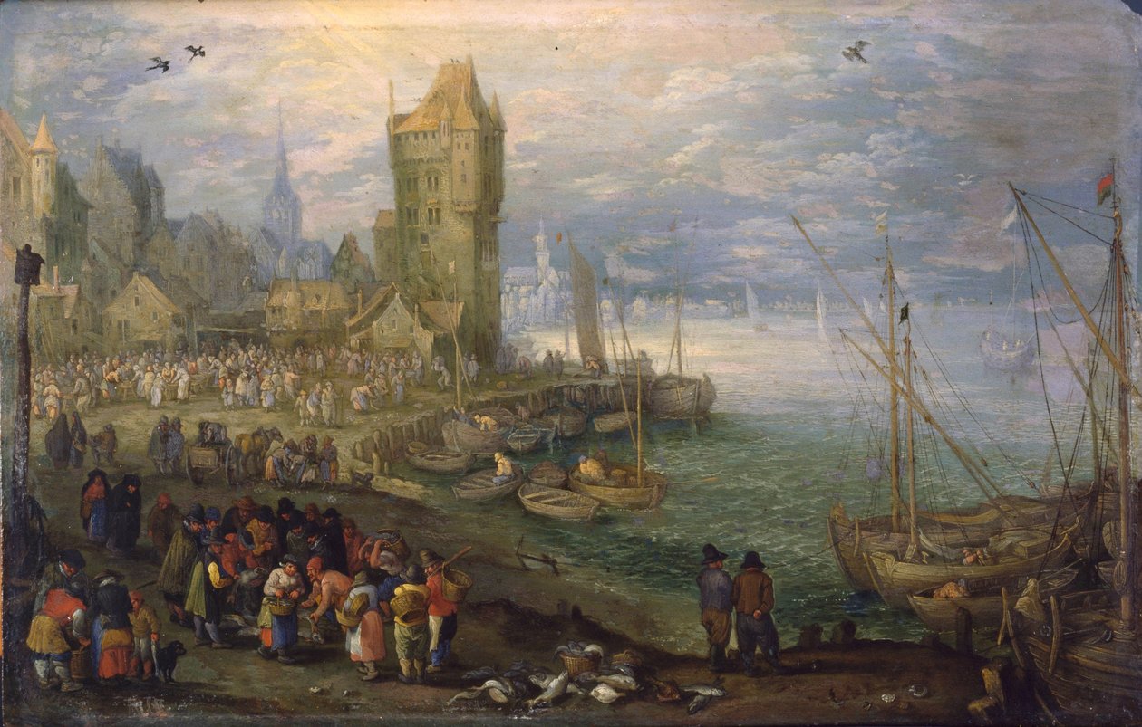 Holandés: Mercado de pescado cerca de un puerto Mercado de pescado cerca de un puerto de Jan Brueghel the Elder