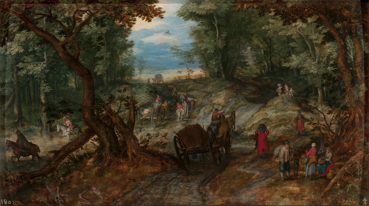 Bosque con carros cruzando un arroyo y jinetes de Jan Brueghel the Elder