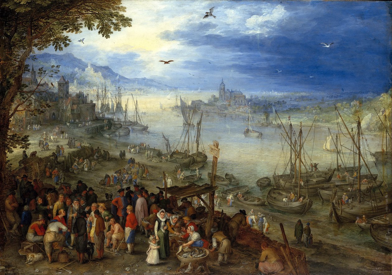 Alemán: Fischmarkt am Ufer eines Flusses Mercado de pescado a orillas de un río de Jan Brueghel the Elder