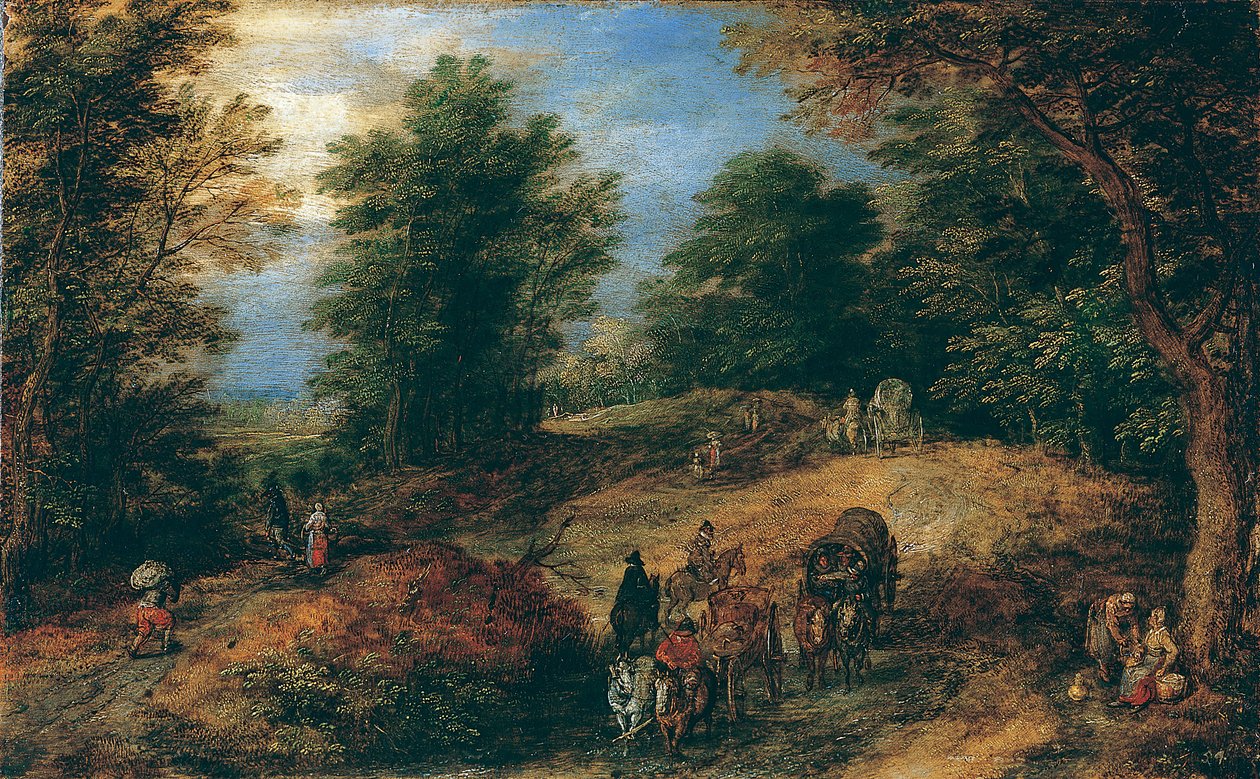 Paisaje con viajeros en un sendero boscoso de Jan Brueghel the Elder