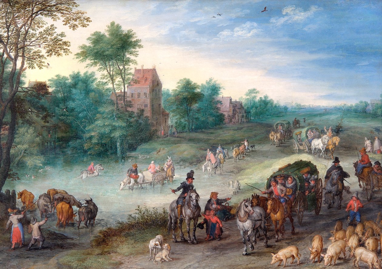 Viajeros en un camino rural con ganado y cerdos, 1616 de Jan Brueghel the Elder