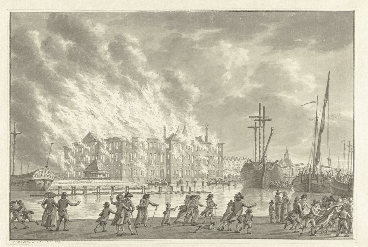Incendio en las Tierras Zeemagazijn, 1791 de Jan Bulthuis (signed by artist)