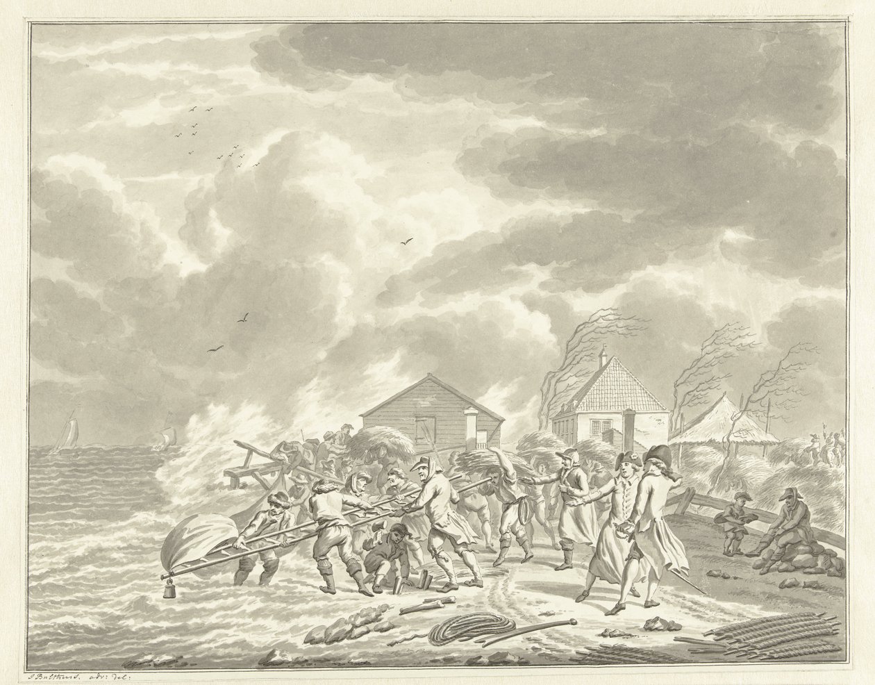 La inundación del Diemerzeedijk cerca de Amsterdam, 1776 de Jan Bulthuis (signed by artist)