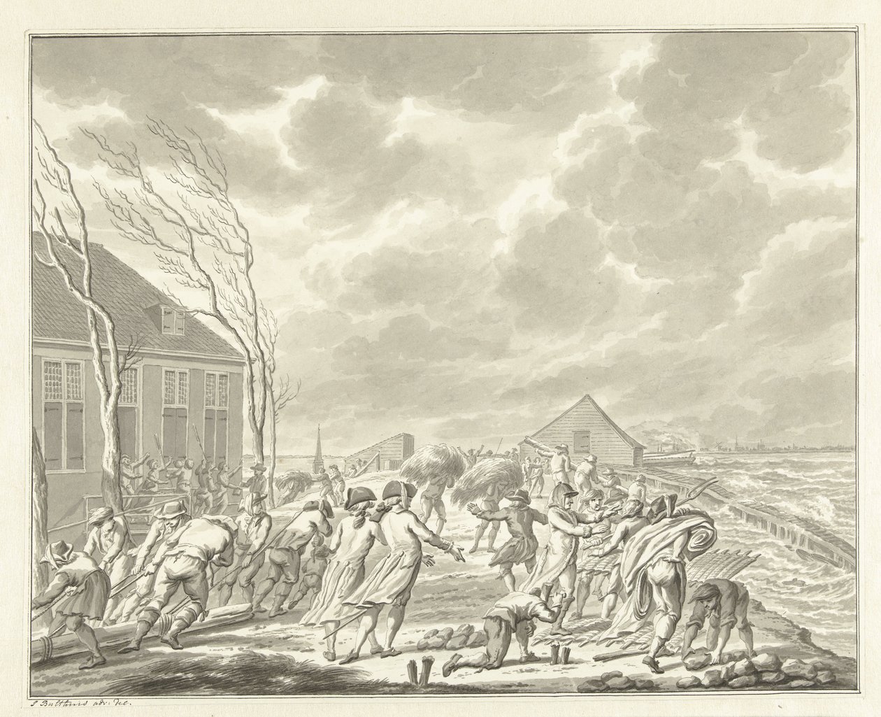 La inundación del Diemerzeedijk cerca de Amsterdam, 1776 de Jan Bulthuis (signed by artist)