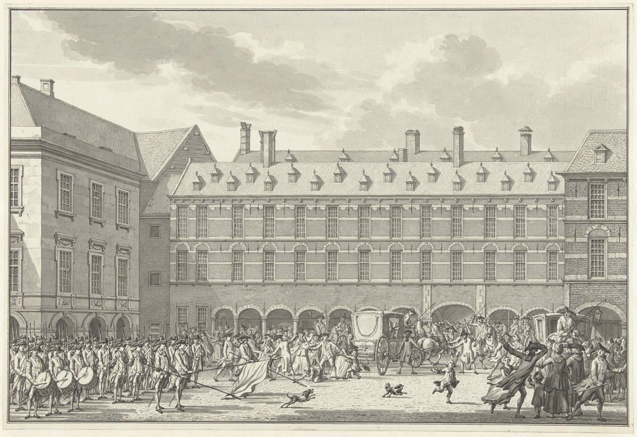Disturbios cuando los diputados de Dordrecht atraviesan Stadhouderspoort en Binnenhof, 1786 de Jan Bulthuis