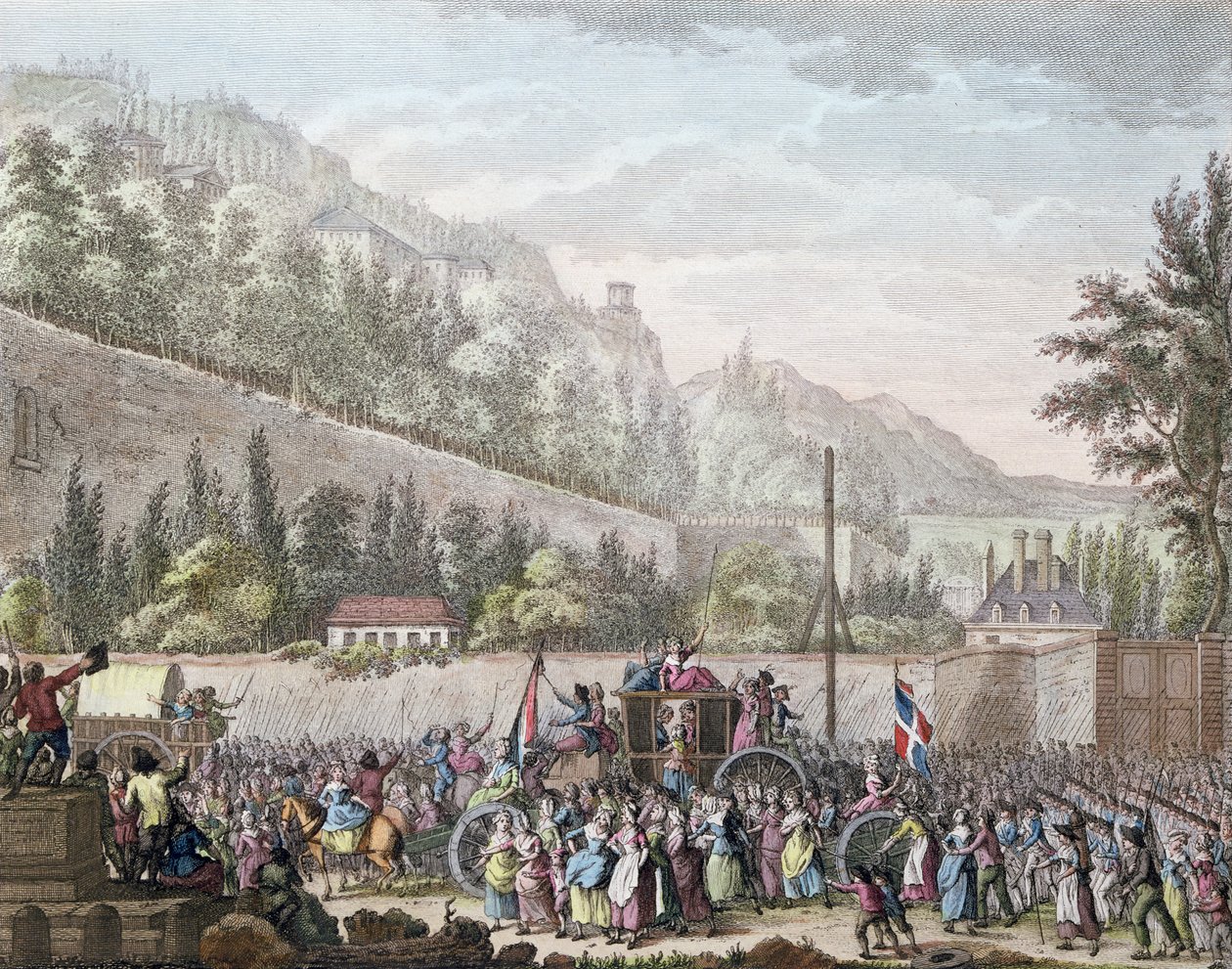 Las mujeres de Les Halles en Auteuil llevando a la familia real francesa a París desde Versalles el 6 de octubre de 1789, 1796 de Jan Bulthuis