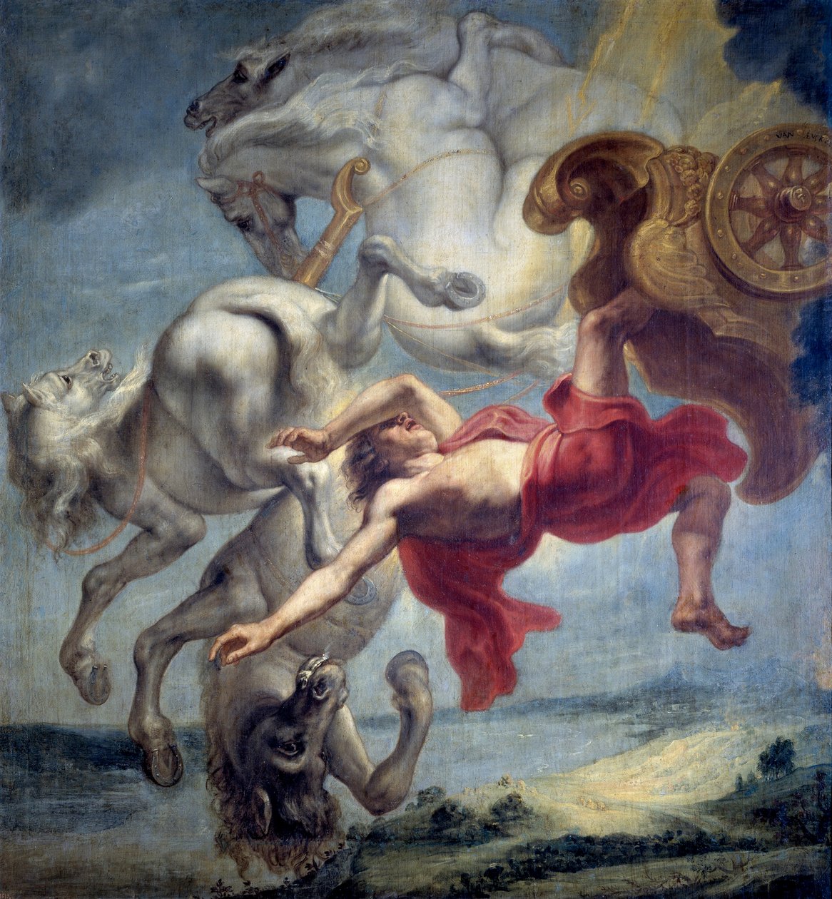 La caída de Faetón : incapaz de controlar el carro de Helios, Faetón es golpeado por Zeus y cae al río Eridan (La caída de Faetón) - Pintura de Jan Carel van Eyck (1649-c. 1690), Óleo sobre lienzo, finales del siglo XVII, Tamaño : 197x18 de Jan Carel van Eyck