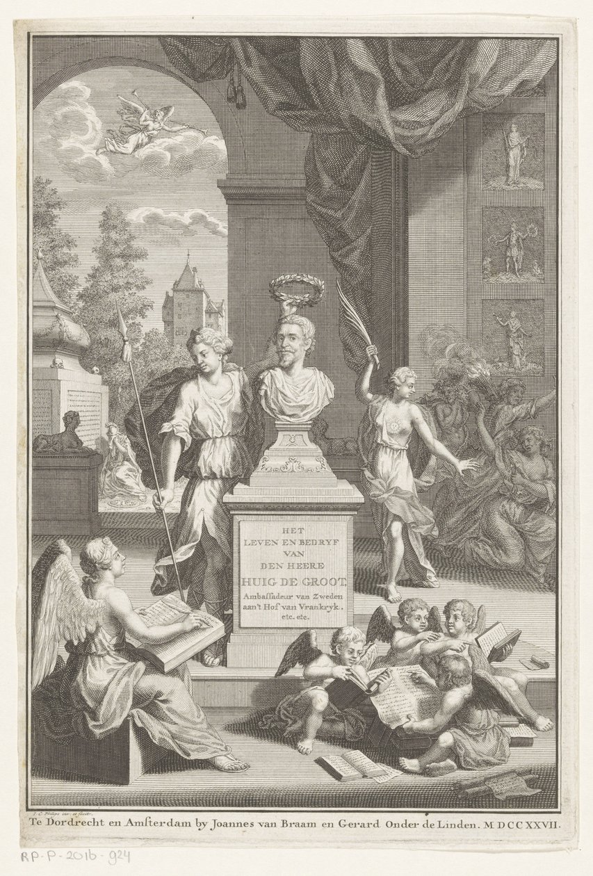 Busto de Hugo de Groot alabado por Victoria La vida y los negocios del Sr. Huig de Groot (título sobre el objeto) Página de título para: Caspar Brandt y Adriaan van Cattenburg, Historia de la vida del Sr. Huig de Groot, 1727 de Jan Caspar Philips