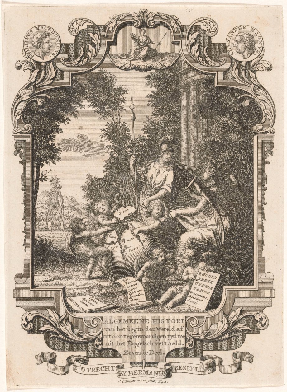 Cartouche con alegoría de la historia de Grecia Página de título para: Kornelis Westerbaen, Algemeene histori, 1742 de Jan Caspar Philips