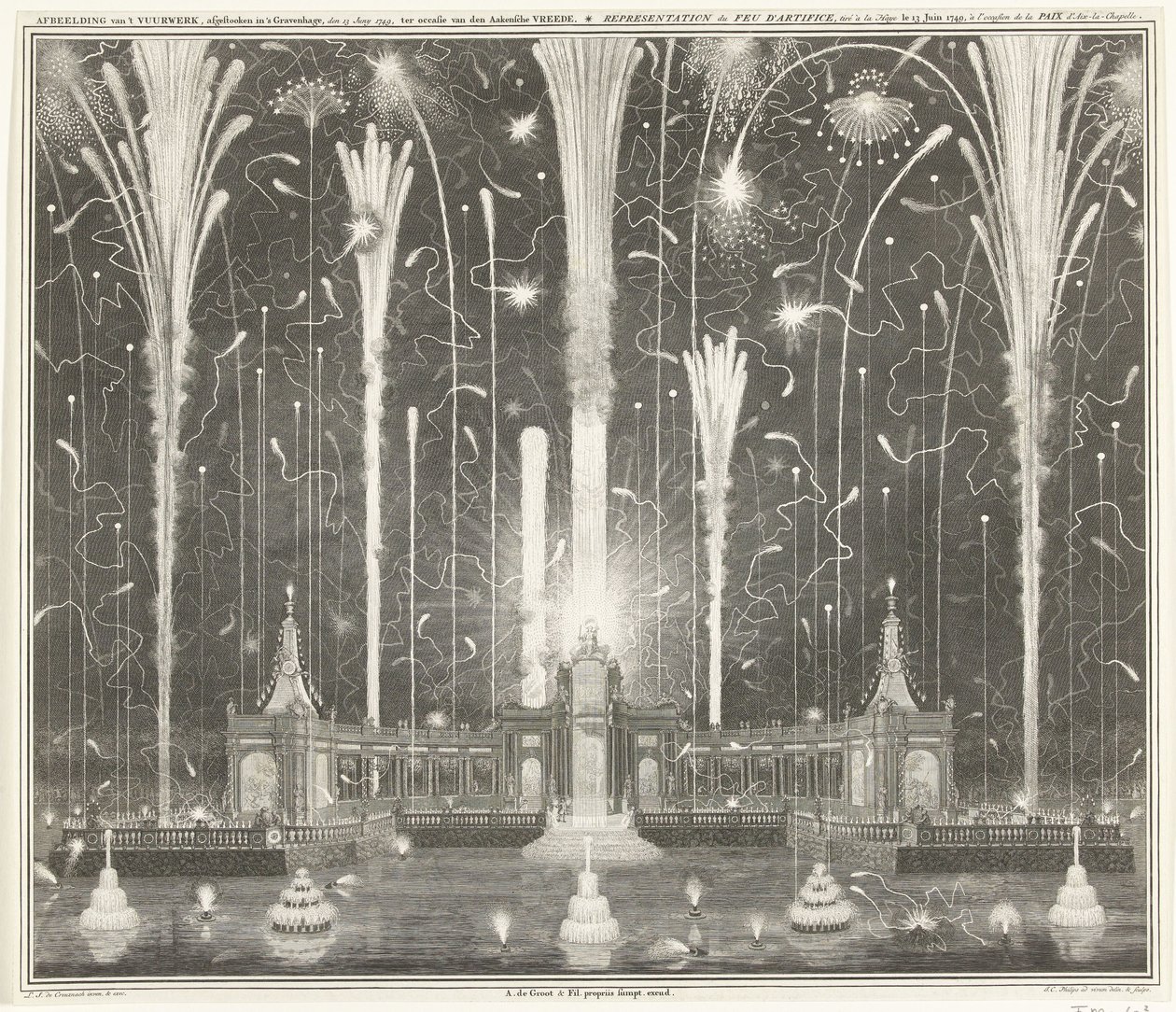 Fuegos artificiales en La Haya por la Paz de Aquisgrán, 1749 Representación de los fuegos artificiales disparados en La Haya el 13 de junio de 1749, utilizada por den Aakensche Vreede / Representation du feu d