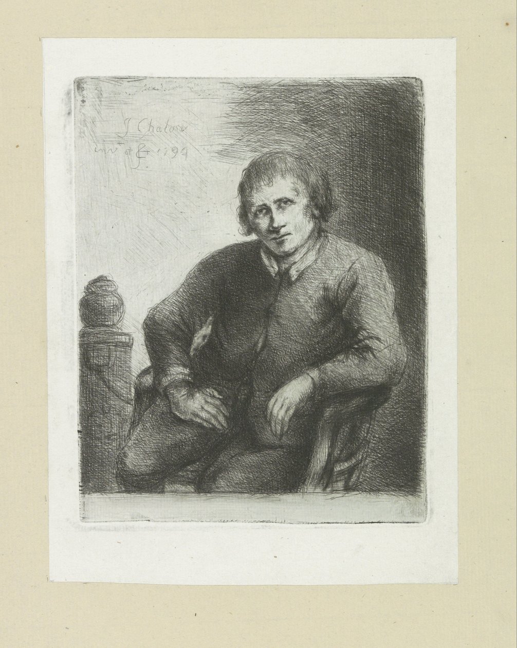 Hombre sentado junto a un pilar The Compleat Work of Etchings de John Chalon / Oeuvre Complette des Eaux Fortes de Jean Chalon (título de la serie) de Jan Chalon