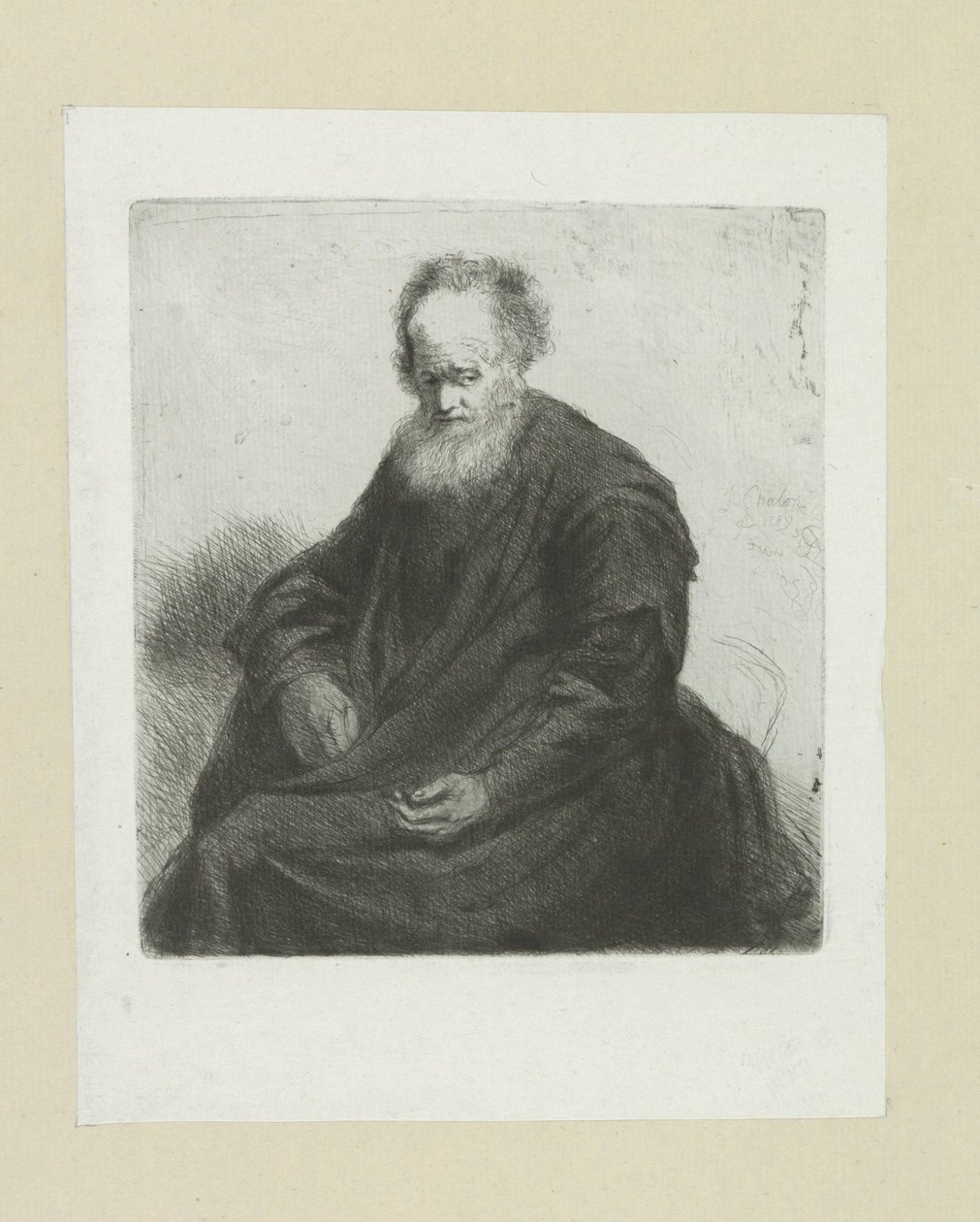 Zittende oude hombre con abrigo lange The Compleat Work of Etchings de John Chalon / Oeuvre Complette des Eaux Fortes par Jean Chalon (título de la serie) de Jan Chalon