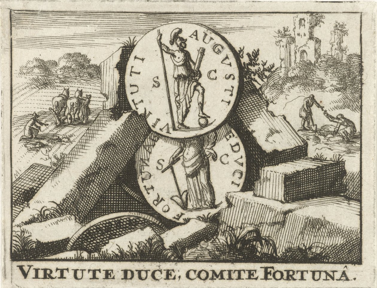 Monedas romanas apoyadas en un montón de piedras Virtute Duce, Comité Fortuna (título sobre objeto) de Jan Claesz ten Hoorn