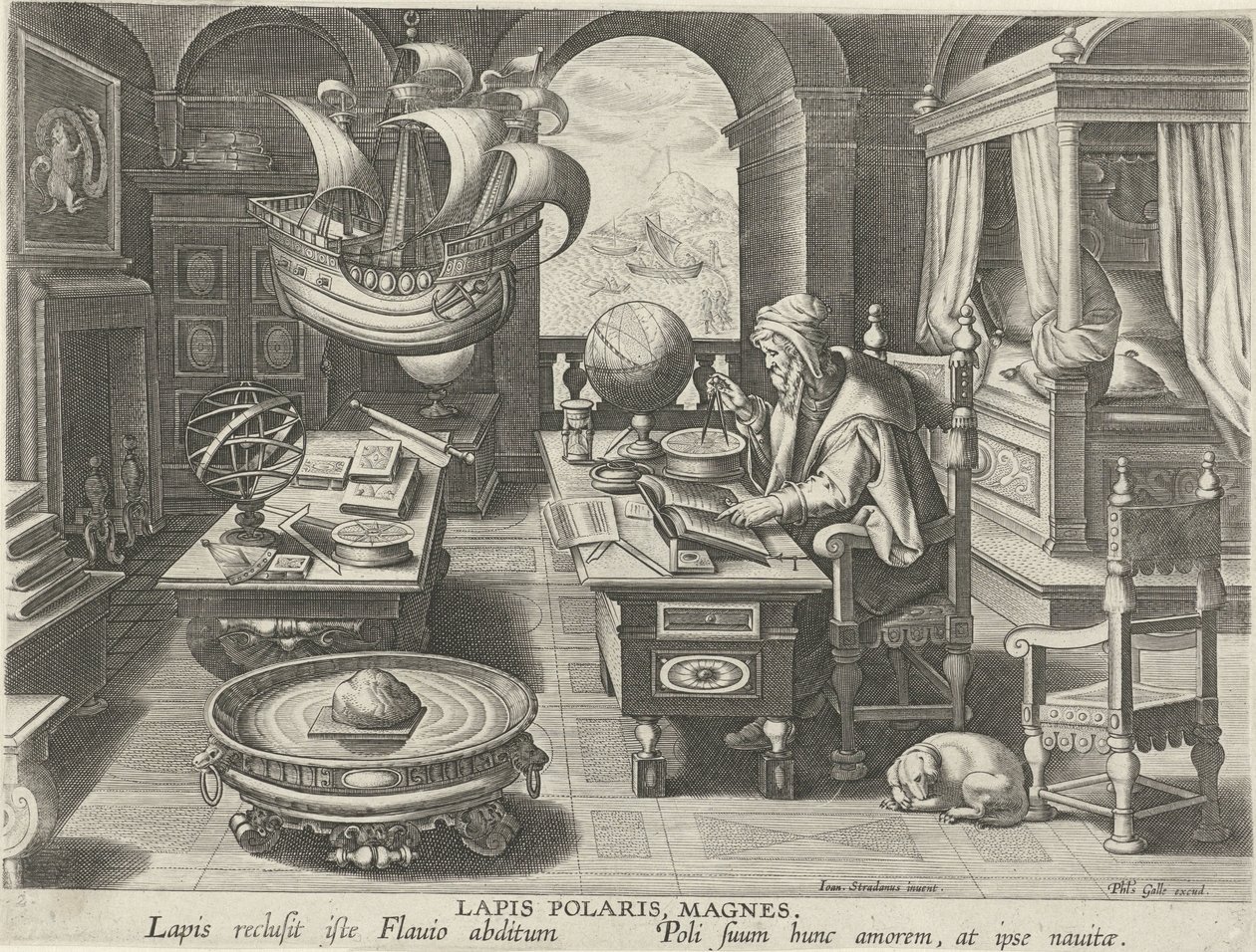 Invención de la brújula Lapis Polaris, Magnes (título sobre objeto) Nuevos inventos y descubrimientos (título de la serie) Nova Reperta (título de la serie) de Jan Collaert (II) (attributed to)