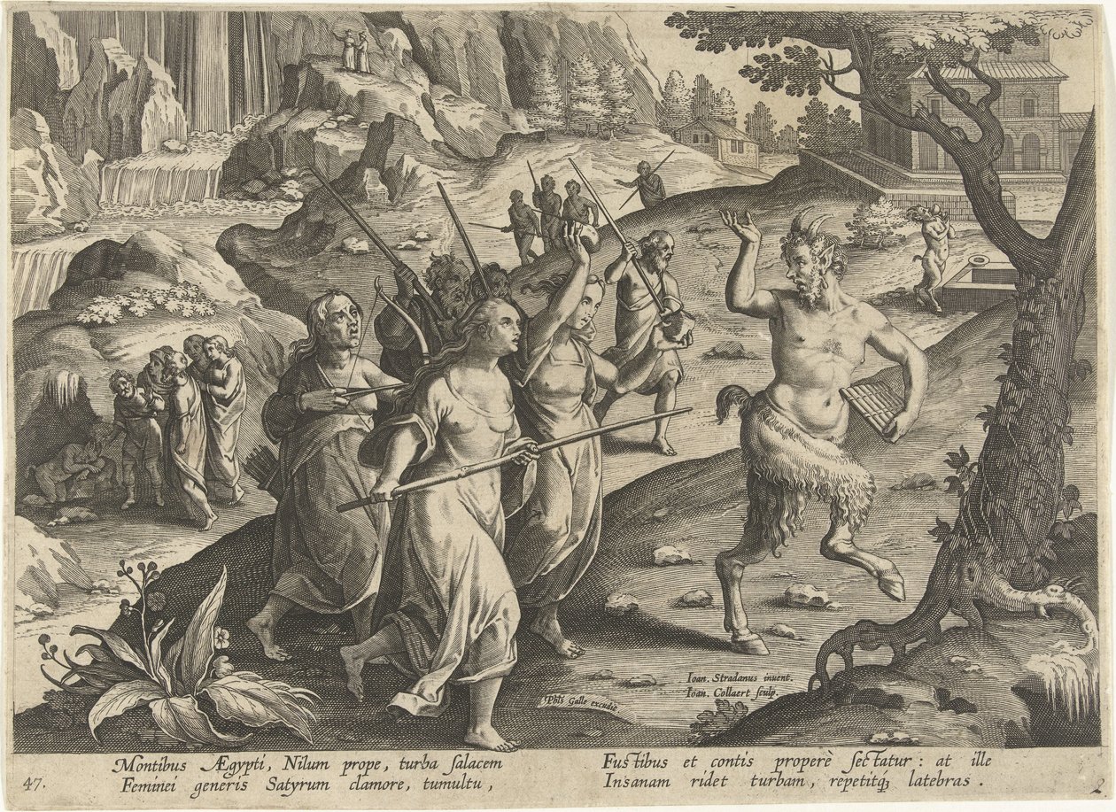 Vrouwen verjagen een sater Jachttaferelen (título de la serie) La caza de animales salvajes, aves y peces en el Bestiario (título de la serie) de Jan Collaert (II)