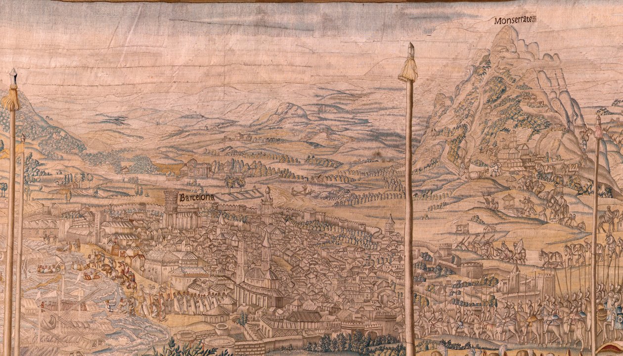 Tapiz flamenco. Serie La Conquista de Túnez; Reseña de las Tropas en Barcelona (La revista de las tropas en Barcelona). Segundo tapiz de la serie. Modelo Jan Vermeyen y Pieter Coecke van Aelst. 1543-1548. Fabricación Real Fábrica de Tapices de Sant de Jan Cornelisz Vermeyen