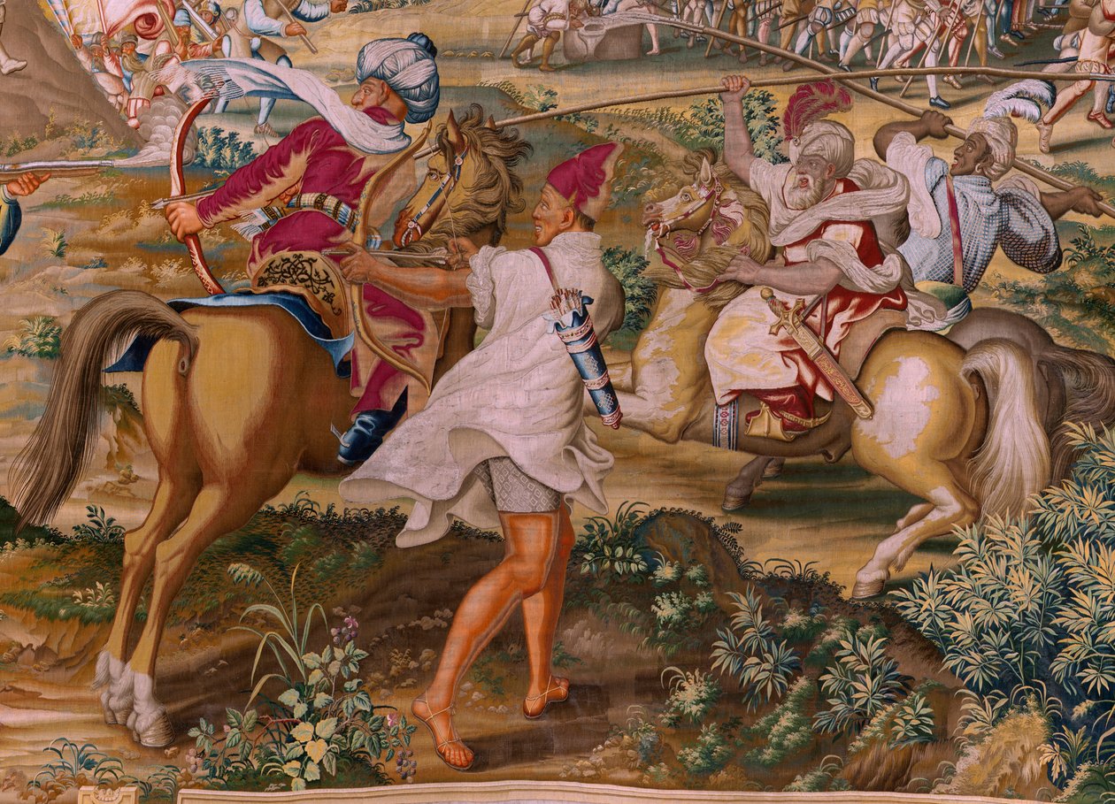 Tapiz flamenco. Serie La Conquista de Túnez. El Ataque a la Goleta (Ataque a la Goleta). Cuarto tapiz de la serie. Modelo Jan Vermeyen y Pieter Coecke van Aelst. 1543-1548. Fabricación Real Fábrica de Tapices de Santa Bárbara, Madrid de Jan Cornelisz Vermeyen