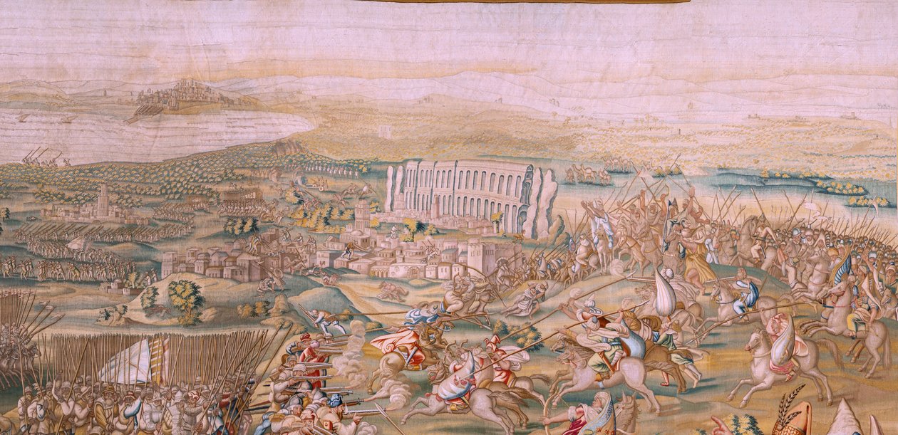 Tapiz flamenco. Serie La Conquista de Túnez. El Ataque a la Goleta (Ataque a la Goleta). Cuarto tapiz de la serie. Modelo Jan Vermeyen y Pieter Coecke van Aelst. 1543-1548. Fabricación Real Fábrica de Tapices de Santa Bárbara, Madrid de Jan Cornelisz Vermeyen