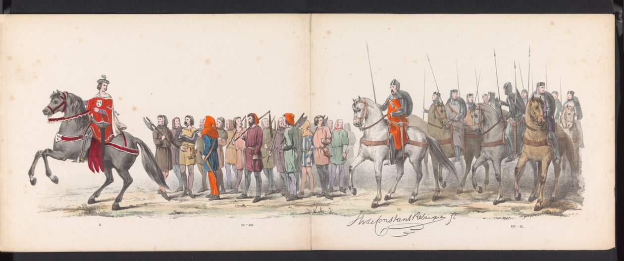 Mascarada de los estudiantes de Leiden, 1865 (lámina 15) Procesión de murgas celebrada por los miembros del cuerpo de estudiantes de Leiden el 6 de junio de 1865, en celebración del 290 aniversario de la Leidsche Hoogeschool, que representa: la entrada de  de Jan Daniël Cornelis Carel Willem baron de Constant Rebecque