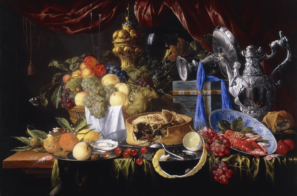 Un pastel en un plato de peltre, un limón parcialmente pelado, una cuchara de plata en un plato de peltre, cangrejos y camarones en un cuenco Wanli Kraak Porselein, 1649 de Jan Davidsz de Heem